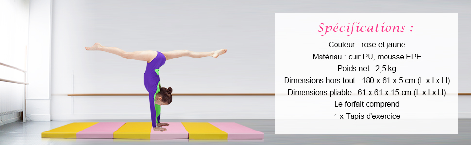 Tapis de gymnastique pliable Tapis portable pour Fitness, Yoga, Sport,  Exercice, en EPE et PU, 180x60x5cm, Jaune - Costway