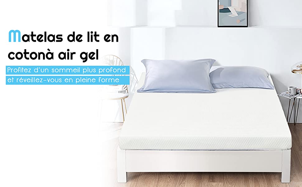 Surmatelas 2 Places en Coton Infuse de Gel pour Refroidissement avec Housse Amovible et Lavable 200x140x5cm