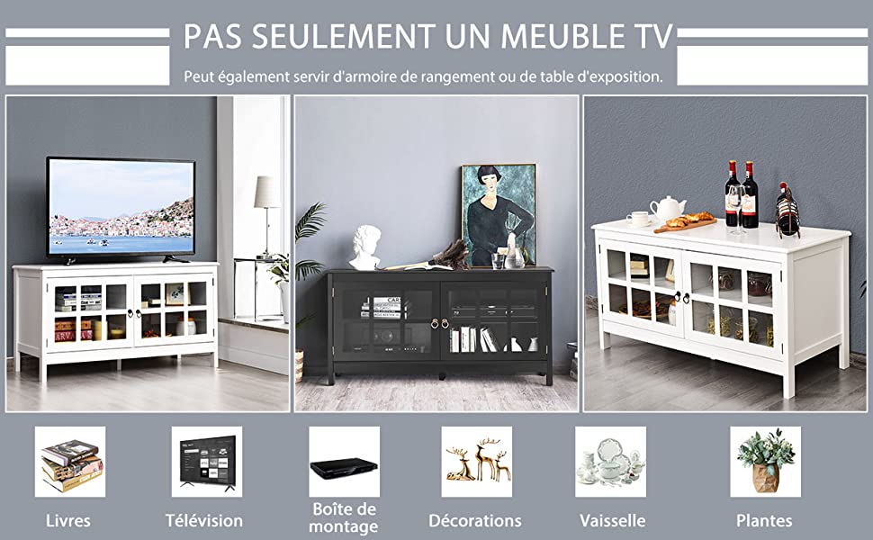 Meuble TV en Bois avec 2 Portes et 4 Compartiments 114 x 48,5 x 61 cm Style Moderne pour Salon et Chambre Noir