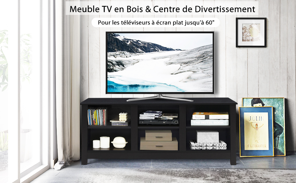 Meuble TV 135 x 39,5 x 54 cm avec 2 Etagères de Rangement Centre Multimédia Polyvalent pour Salon Noir