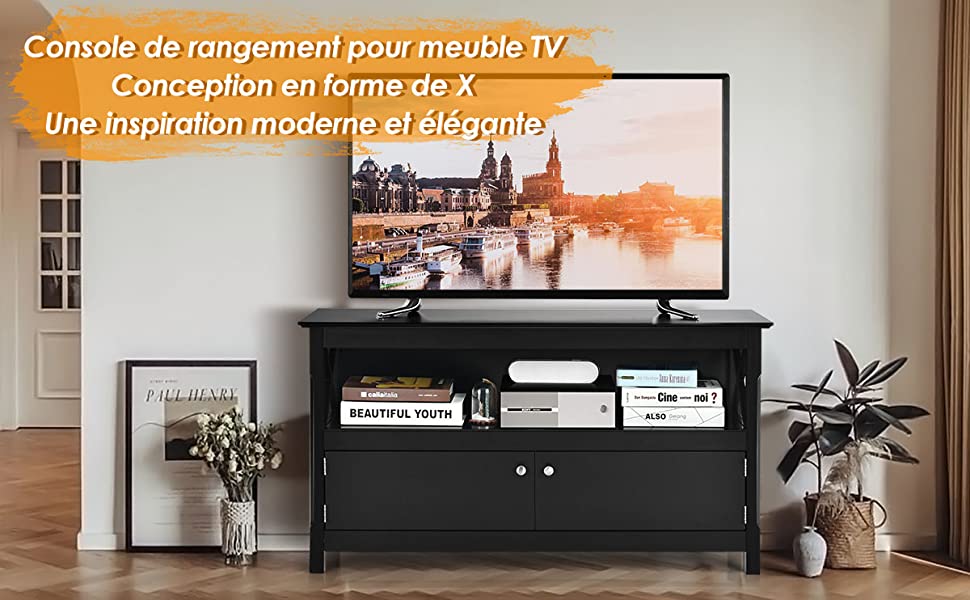 Meuble TV a 3 Niveaux avec Compartiment et Placard 2 Portes pour TV Jusqua 48 Pouces 112x40x61CM Charge Max 80KG Noir