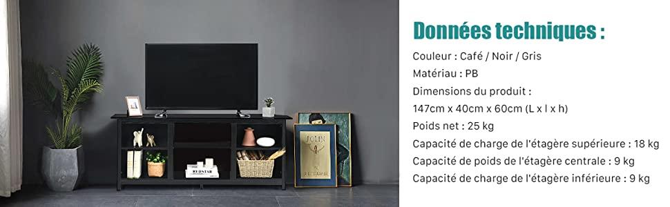 TV-standaard 147 CM Televisiestandaard met 2 niveaus voor tv tot 65 inch voor woonkamer slaapkamer zwart