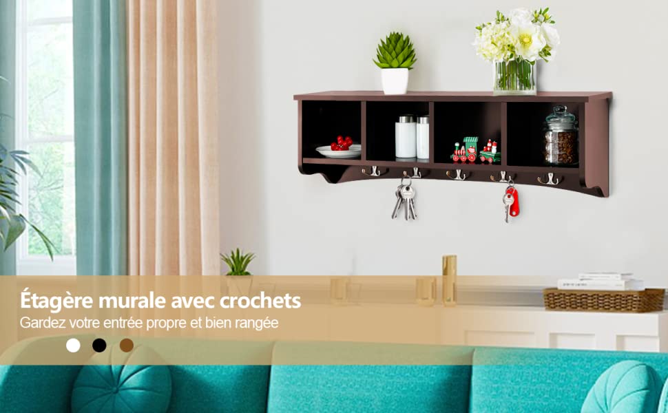 Porte-Manteau Mural avec 4 Compartiments et 5 Crochets Doubles-Tête de Style Moderne 72 x 15,5 x 23 CM Marron