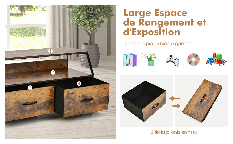 Commode meuble de rangement avec 3 tiroirs en tissu, 2 étagères