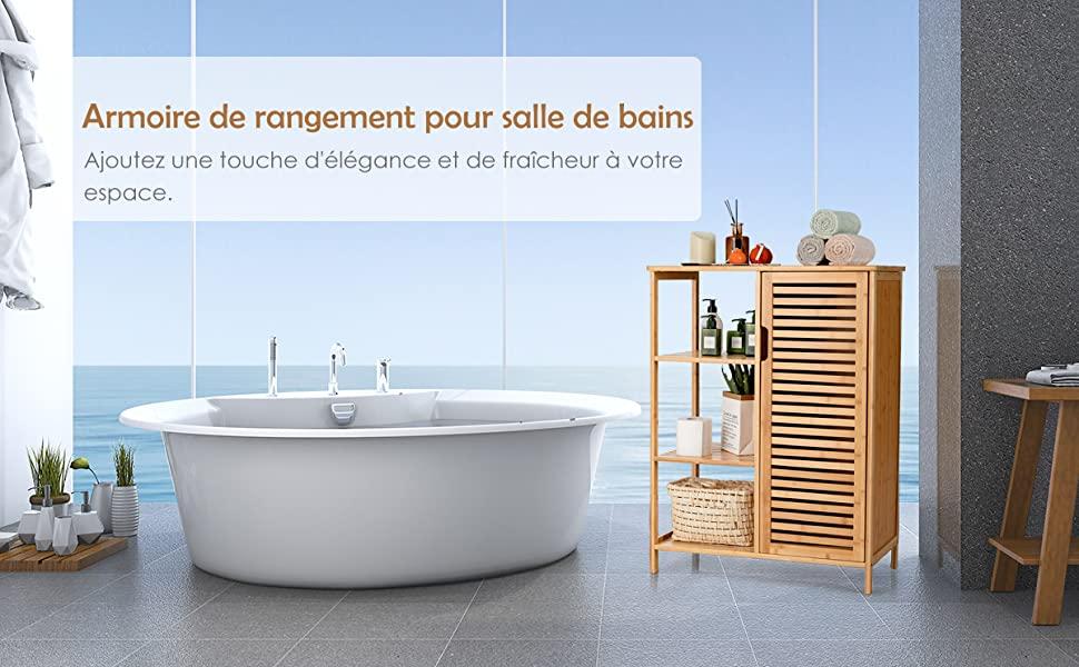 Meuble de Salle de Bains avec etagere Ouverte sur 3 Niveaux et Placard 66x33x87cm en Bambou pour Salle de Bain/Salon/Chambre/Cuisine