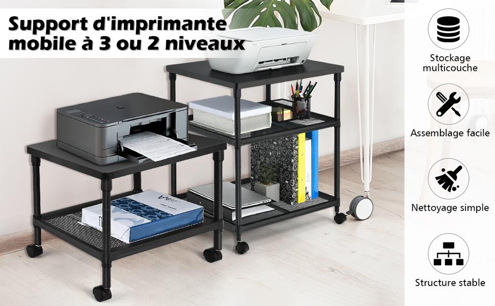 Support pour Imprimante a Roulettes Verrouillable Rangement 2 Niveaux Meuble pour Bureau 48 x 40 x 40 cm Noir