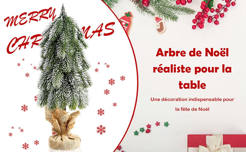 Sapin de Noel Artificiel de Table 49 cm Miniature avec Branches en PE Couvert de Neige Support en Ciment Enveloppe en Jute
