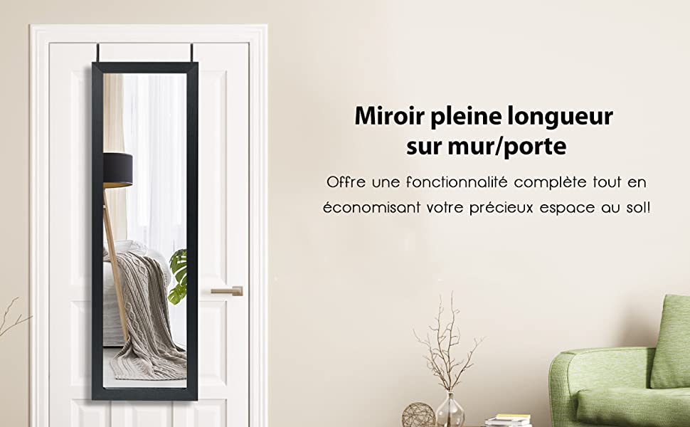 Miroir Mural Suspendu Miroir de Porte 120 x 37 CM avec Crochets de Suspension pour Chambre Salon Vestiaire Noir