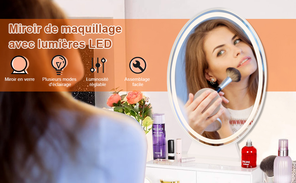 Miroir Maquillage HD LED 4 Couleurs d'Eclairage Réglable Miroir de