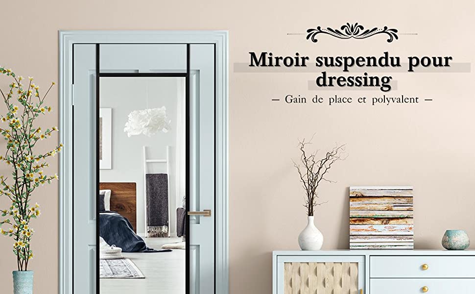 Miroir a Suspendre sur Porte avec Crochets de Suspension Reglables en Hauteur 36,5 x 107 CM Noir