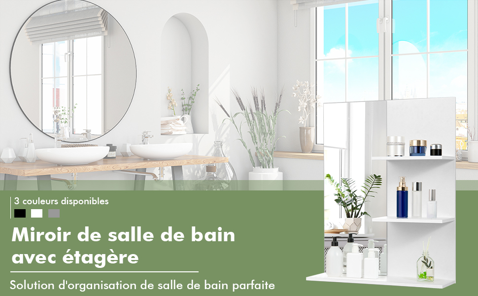 Miroir de Salle de Bain avec 3 Etageres Meuble de Rangement Ouvert avec Miroir HD pour Toilette et Salle de Bain Blanc