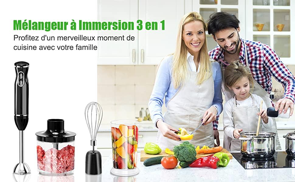Mixeur Plongeant Cuisine Set avec Hachoir Melangeur a Main Inoxydable Noir 500&700ML