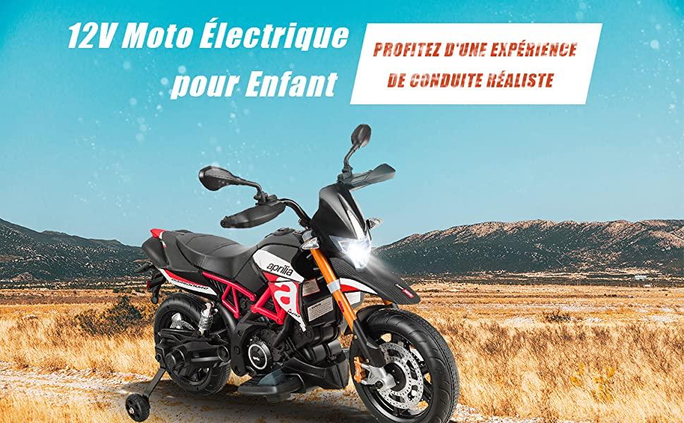 Moto Electrique pour Enfants 12V avec Lumieres LED Musique MP3 Roues Antiderapantes 37-95 mois