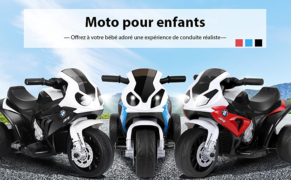 Moto Electrique pour Enfants a 3 Roues avec Phare Lumineux Musiques 6 V / 4Ah 2,5 Km/h pour Garçons et Filles 18-36 Mois Noir