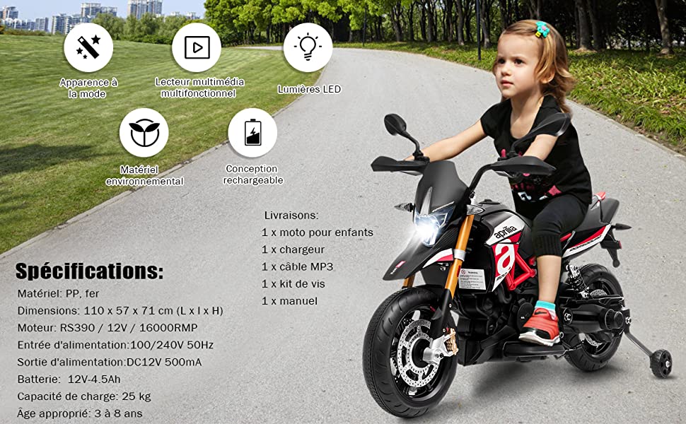 Costway moto électrique enfant, 2 roues auxiliaires antidérapantes, batterie  12v, phare à led et musique, 3-5 km/h, véhicule électrique pour enfants  37-95 mois, charge max 25kg - Conforama