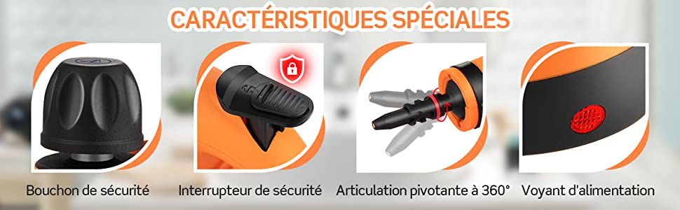 Nettoyeur Vapeur a Main Portable 900W-1050W Réservoir d'Eau 250ML Accessoires 9 Pieces pour Cuisine Fenetres Voiture Orange