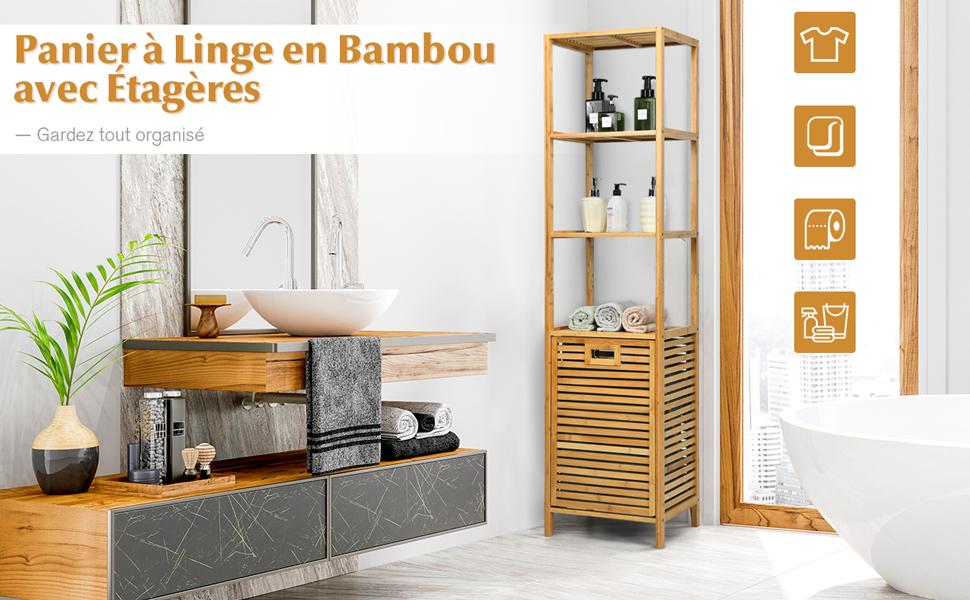 Colonne pour Salle de Bain avec Panier a Linge Basculant et 3 Etageres de Rangement Meuble en Bambou et Toile dOxford