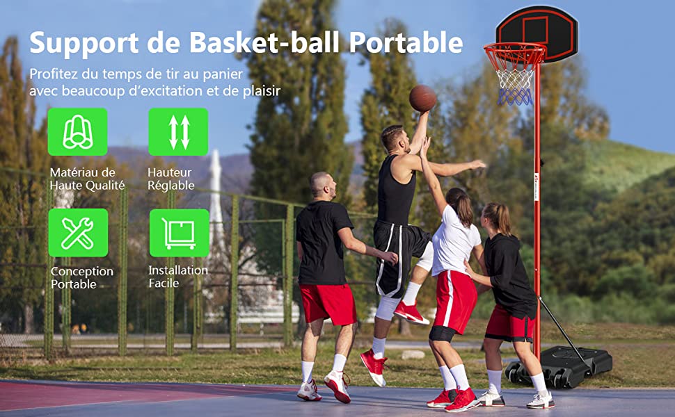 Costway pianer de basket extérieur pour enfants avec hauteur réglable  170-230 cm, support de panier de basket sur pied avec panneau en pe, base  stable & 2 roues pour adultes & enfants