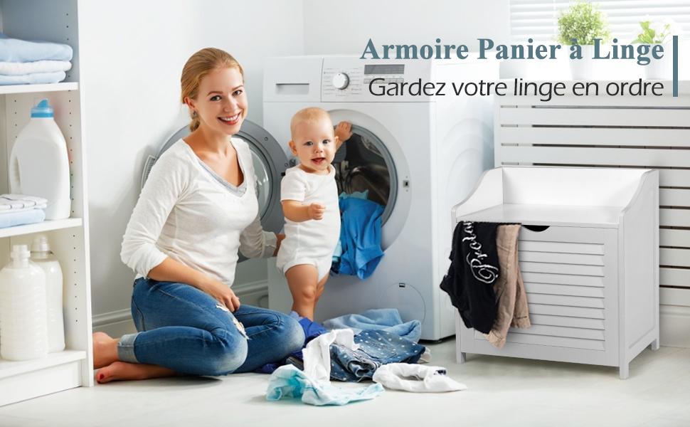 Panier a Linge en Bois avec Doublure en Coton Amovible et Lavable avec Design Couvercle et Persienne Blanc