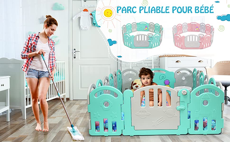 Parc pour Bébé 16 Panneaux en Plastique-Non Toxiqueavec Boîte à Musique et Panier de Basket pour Enfant 6 -36 mois