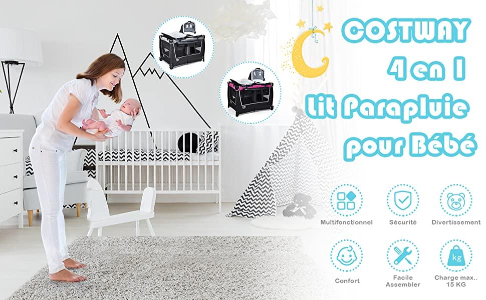 4 en 1 Lit Parapluie pour Bebe 0-36 Mois Centre Musical et Sac de transport 103 x 72,5 x 73,5cm Vert