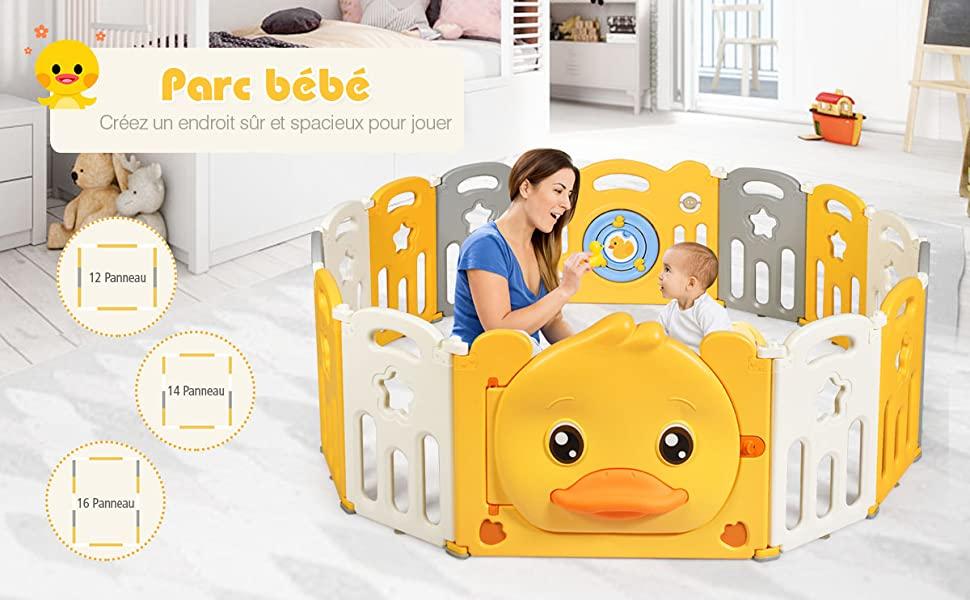 Parc Bebe en Plastique Pliable 16 Pieces 80x39,5x67,5CM avec Mignon Motif de Canard Jaune Barriere dEnfant en HDPE sans BPA