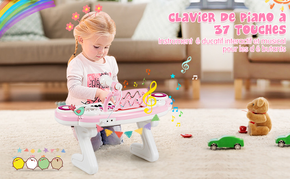 Clavier de Piano Electronique a 37 Touches pour Enfants Jouet Educatif Portable avec Lumiere Rythmique Rose