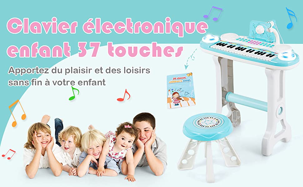 Clavier Electronique Piano Pour Enfants 37 Touches-4 Effets de Percussion-8 Instruments Microphone Lumiere 18 Mois + Bleu