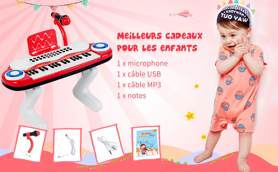 Clavier de Piano Electronique à 37 Touches pour Enfants Jouet Educatif  Portable avec Lumière Rythmique Rouge - Costway