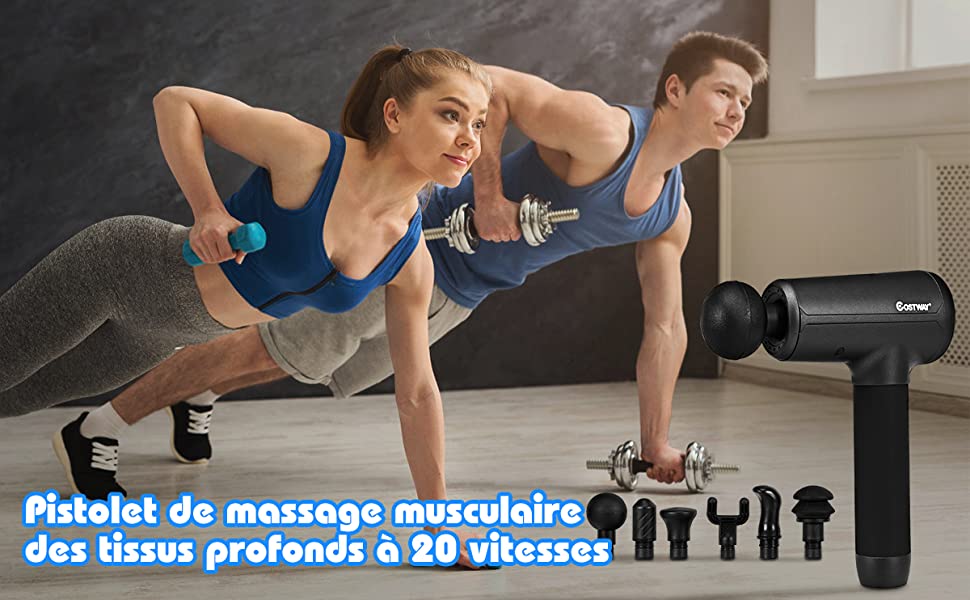Pistolet de Massage Professionnel Portable 6 Têtes de Massage 20 Vitesses Ecran LCD