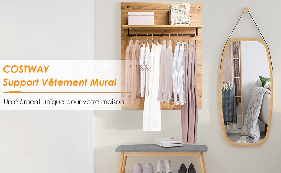 Porte-Manteau Murale Penderie avec Etagere de Rangement 5 Crochets en Couleur Chene