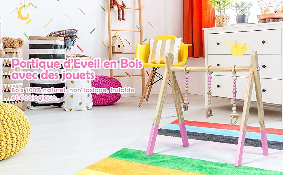 Portique dEveil en Bois pour Bebe de Plus de 3 Mois Forme Triangulaire 60x44x60CM Rose