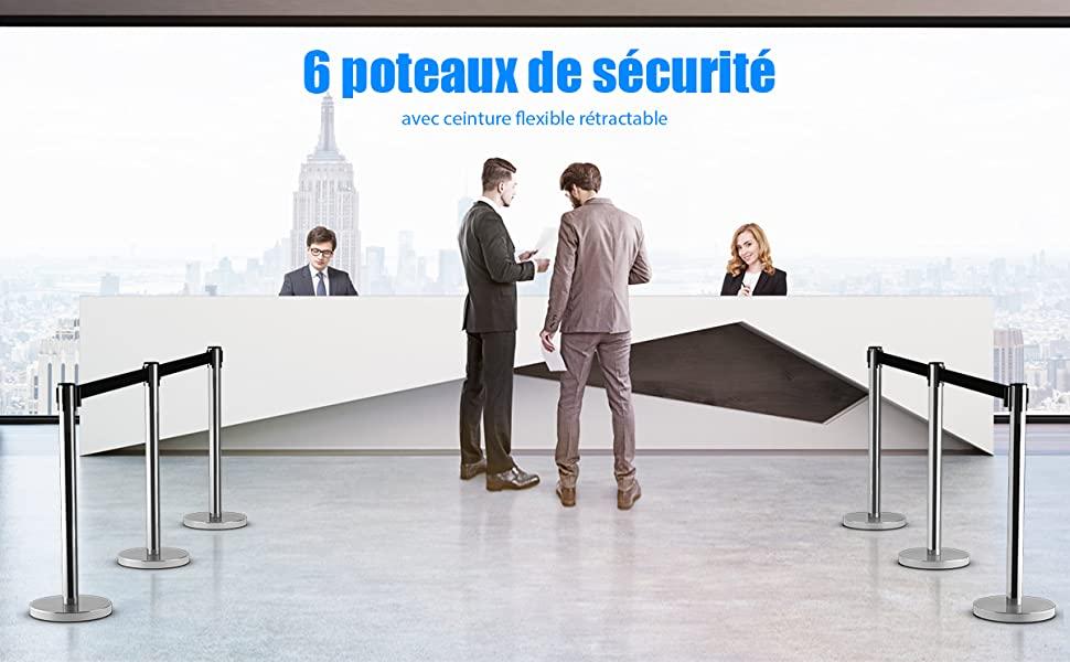 6 Poteaux de Guidage Guide File avec 3 Sangles Retractable 2 M en Acier Inoxydable pour Aéroport  Theatres Cinema Noir