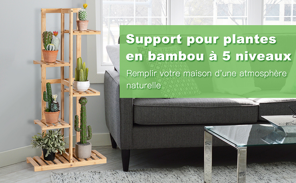  Etagere pour Fleurs en Bambou 6 Niveaux Autoportante 7 Pots avec Dispositif Anti-basculement Interieur/Extérieur Marron