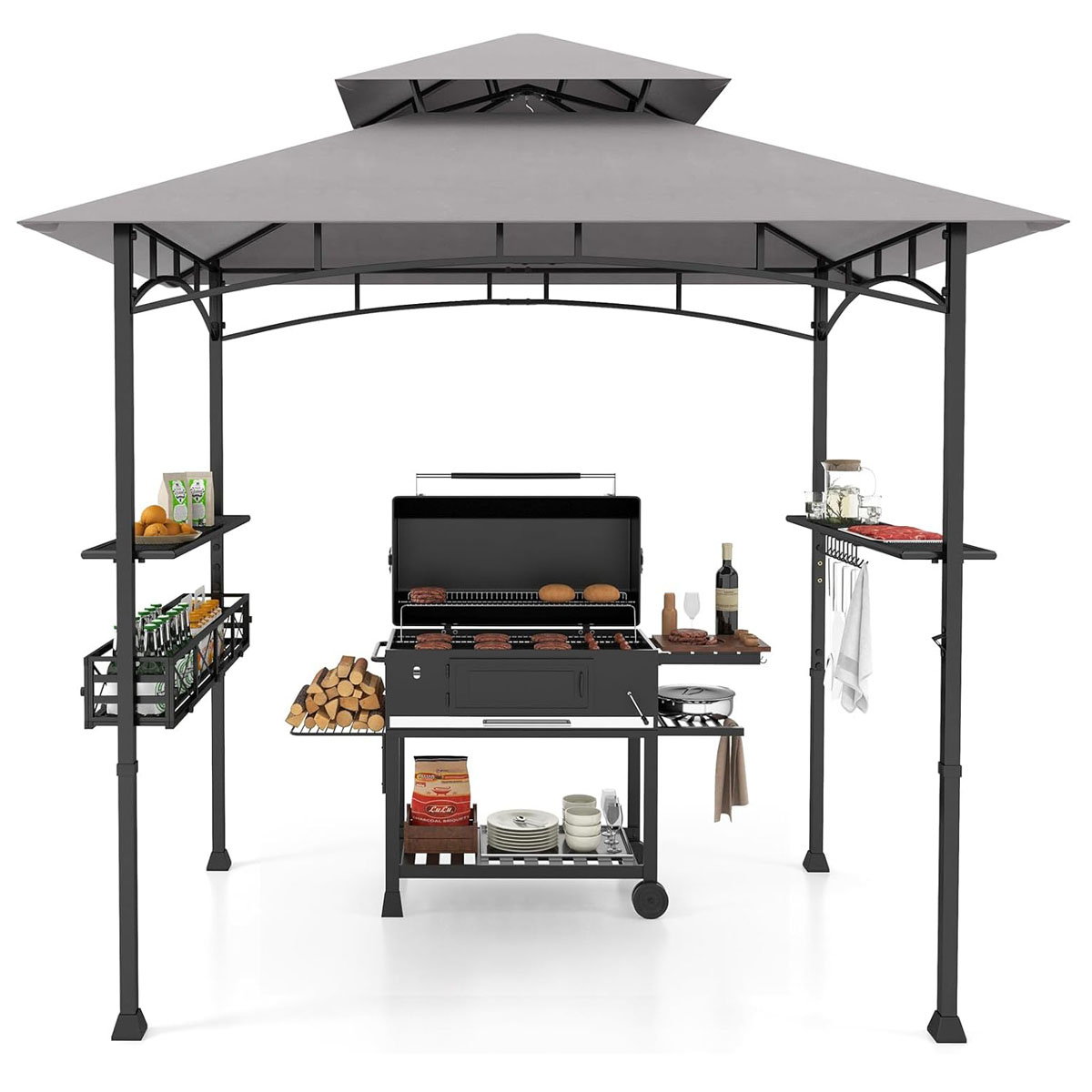 Costway Tonnelle Barbecue Exterieur Auvent Abri Barbecue 2 Tablettes de Service Toit Ventilé Grand Panier Crochets Ouvre-Bouteille Gris