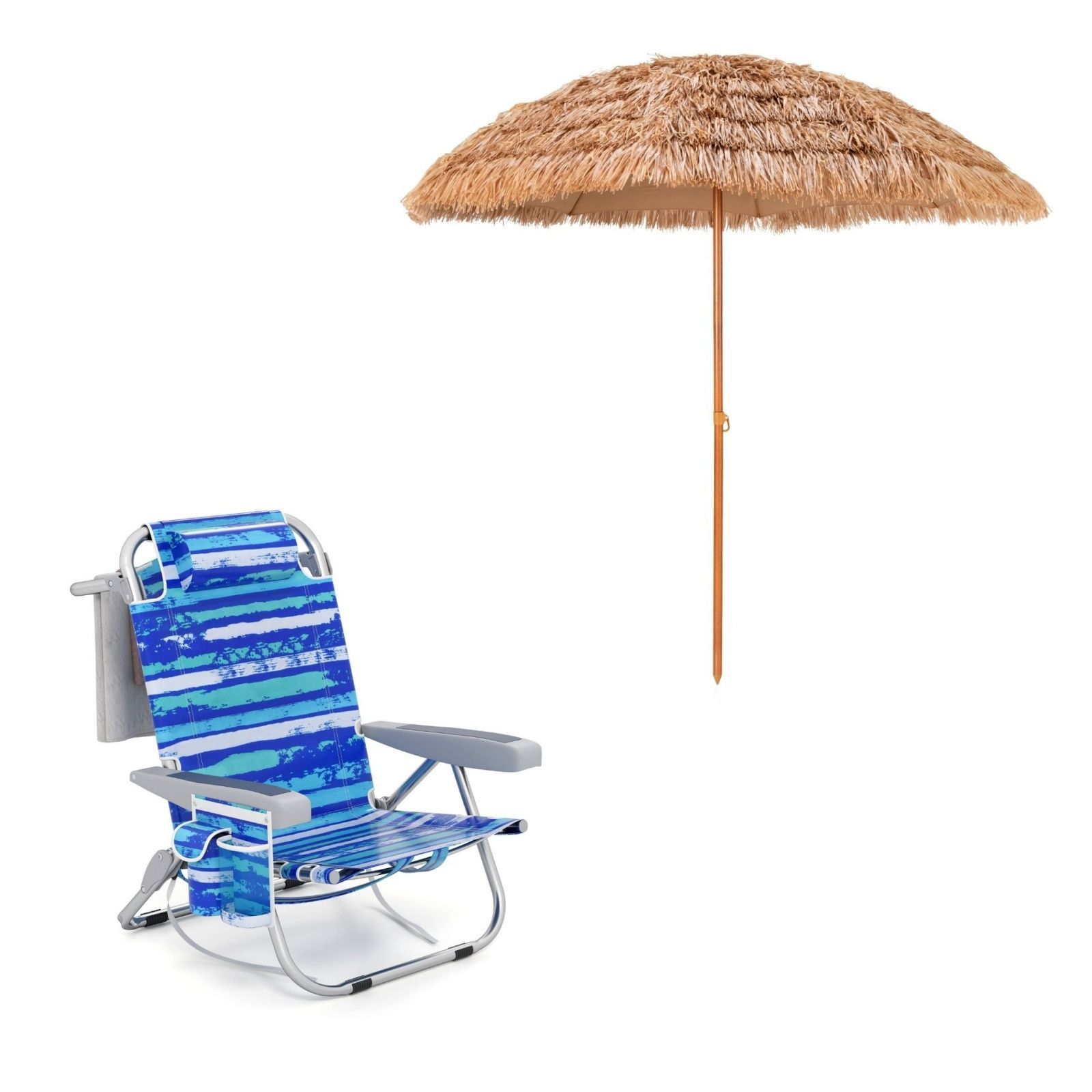 Costway 1 Chaise de Camping Portable avec Dossier Réglable Bleu Foncé + Parasol de Plage en Chaume PP 7 Couches 243CM de Style Hawaïen