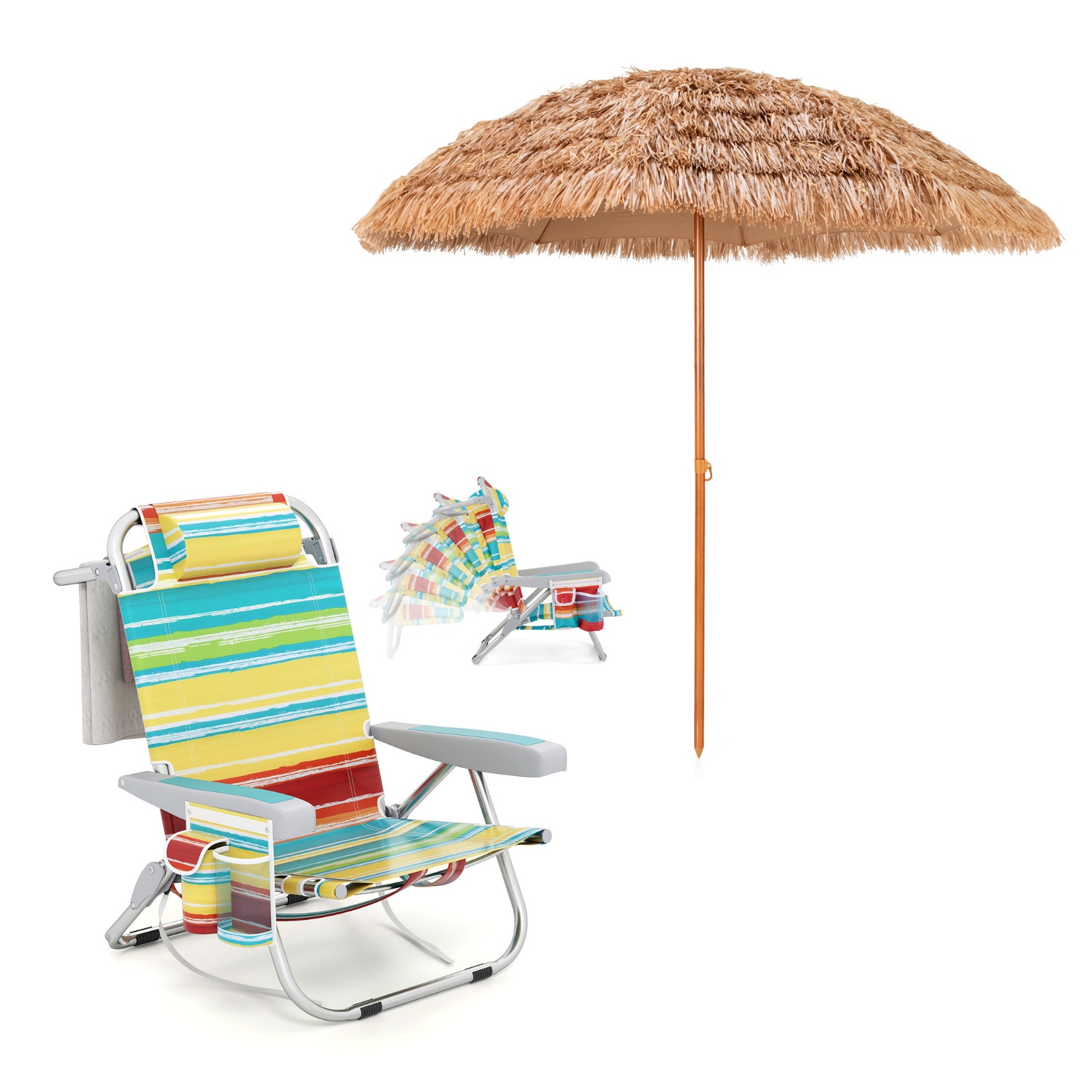 Costway 1 Chaise de Camping Portable avec Dossier Réglable Coloré + Parasol de Plage en Chaume PP 7 Couches 243CM de Style Hawaïen