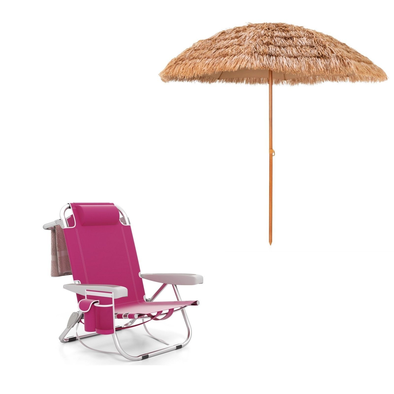 Costway 1 Chaise de Camping Portable avec Dossier Réglable Rose + Parasol de Plage en Chaume PP 7 Couches 243CM de Style Hawaïen