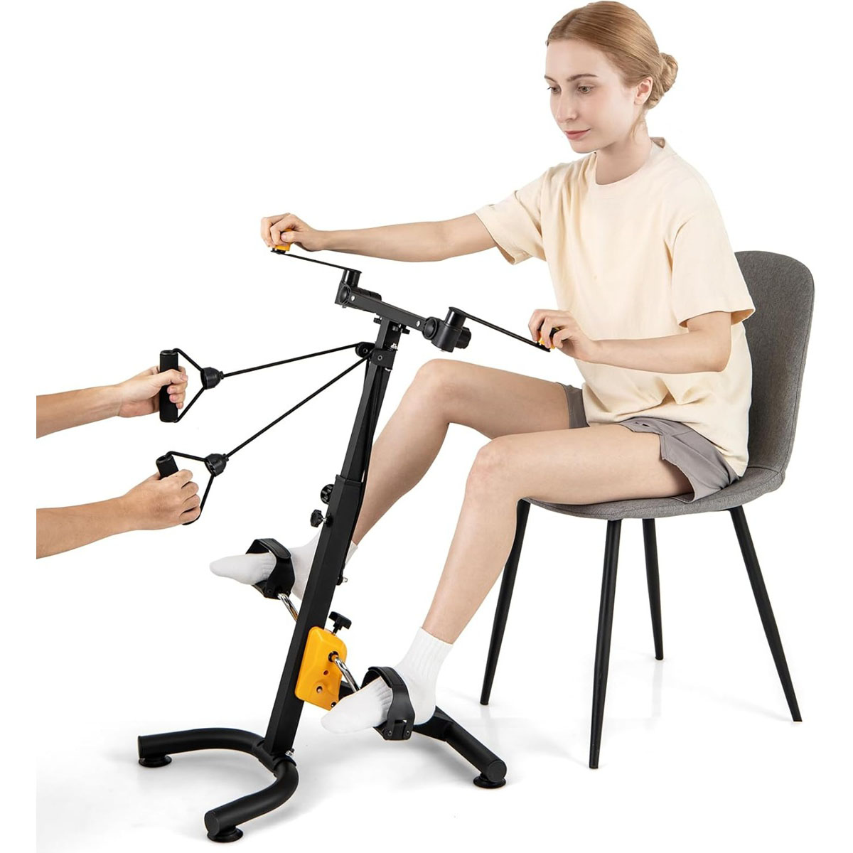 CostwayVélo d’Appartement Pliable 9 Hauteurs Réglables Corde de résistance Poignées Rotatives Exerciseur à Pédales pour Entraînement de Mains Bras