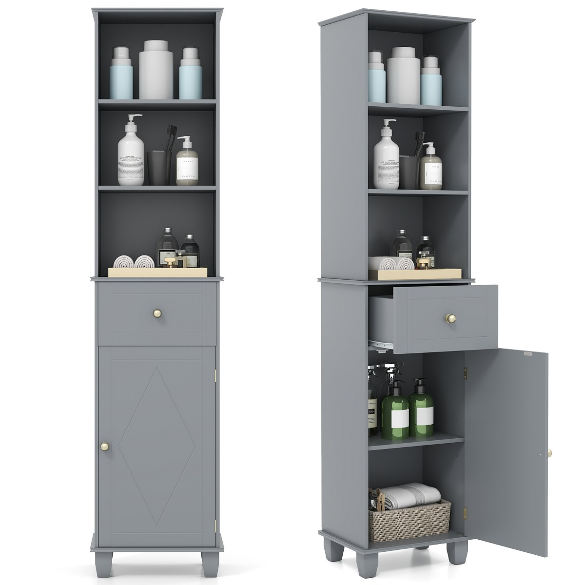 Costway Armoire de Salle de Bain Haute 172 cm Armoire Étroite sur Pied avec 3 Étagères Ouvertes 1 Tiroir 1 Porte Meuble de Rangement Gris