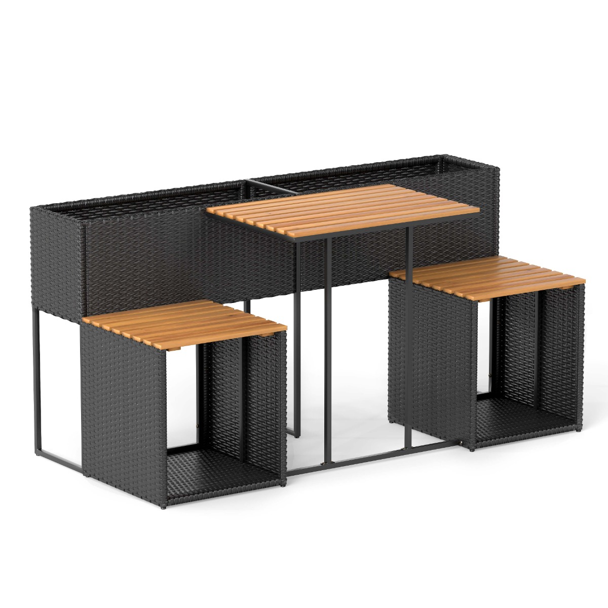 Costway Salon de Jardin avec Jardinière Surélevée Table Extérieur en Rotin PE avec 2 Chaises Plateau en Bois d'Acacia Cadre Métallique Solide Noir