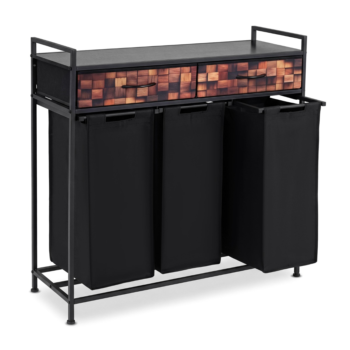 Costway Panier a Linge à Cadre en Métal Corbeille a Linge avec 2 Tiroirs en Tissu Amovibles 3 Sacs Portables par 48 L et Plateau Large Café