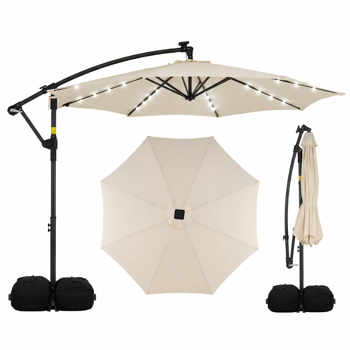 Costway Parasol Déporté 3 x 3M avec Lumière Solaire Rotation 360° 8 Baleines en Métal Toit de Ventilation Base Croisée 2 Sacs de Sable Beige