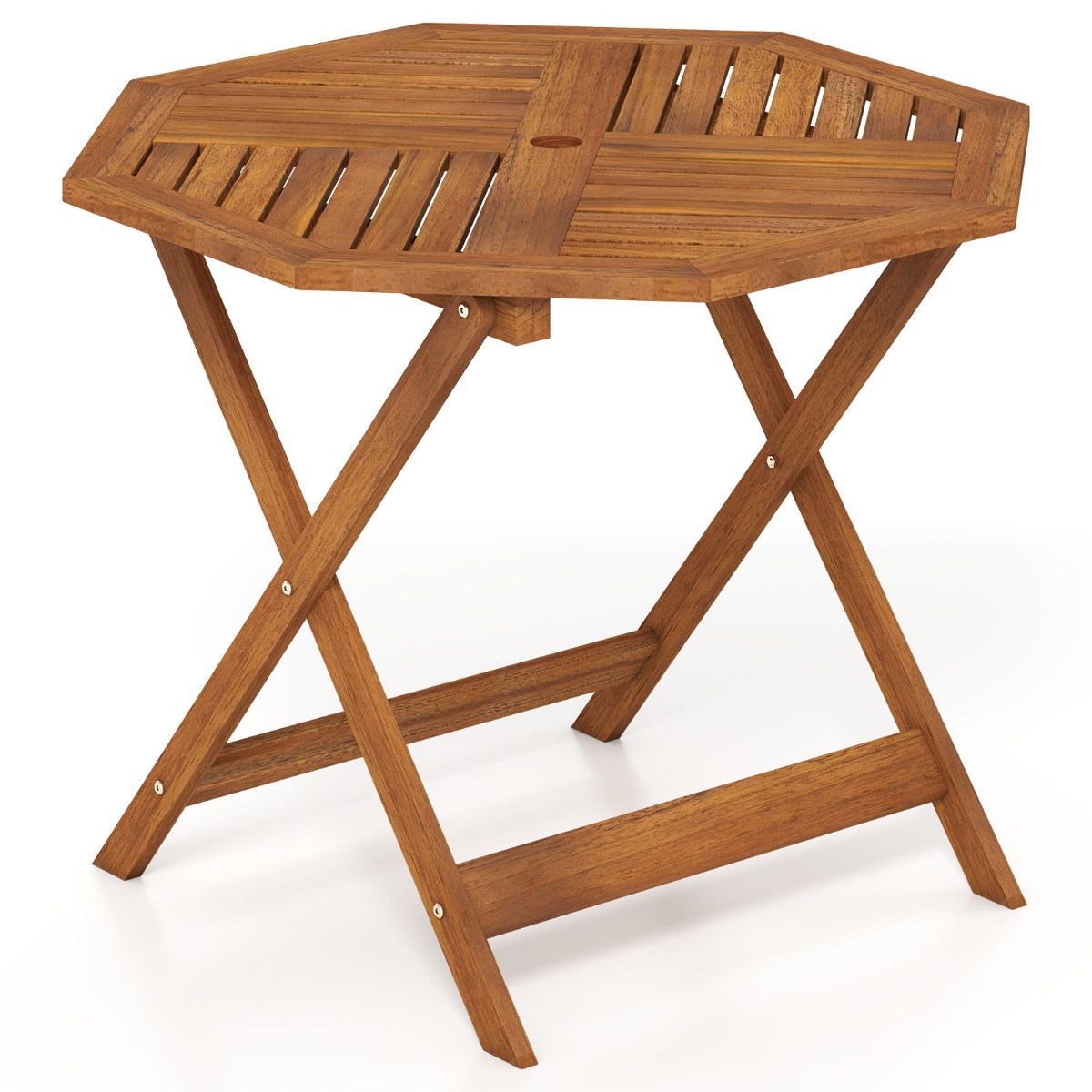 Costway Table de Jardin Octogonale en Bois Massif Table Exterieur Ø90CM en Cadre X avec Trou pour Parapluie et Plateau à Lattes Spacieux Charge 30KG
