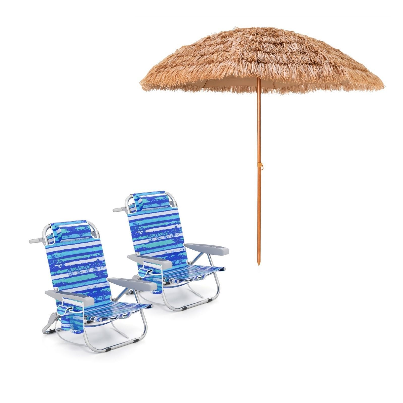 Costway 2 Chaises de Camping Portable avec Dossier Réglable Bleu Foncé + Parasol de Plage en Chaume PP 7 Couches 243CM de Style Hawaïen
