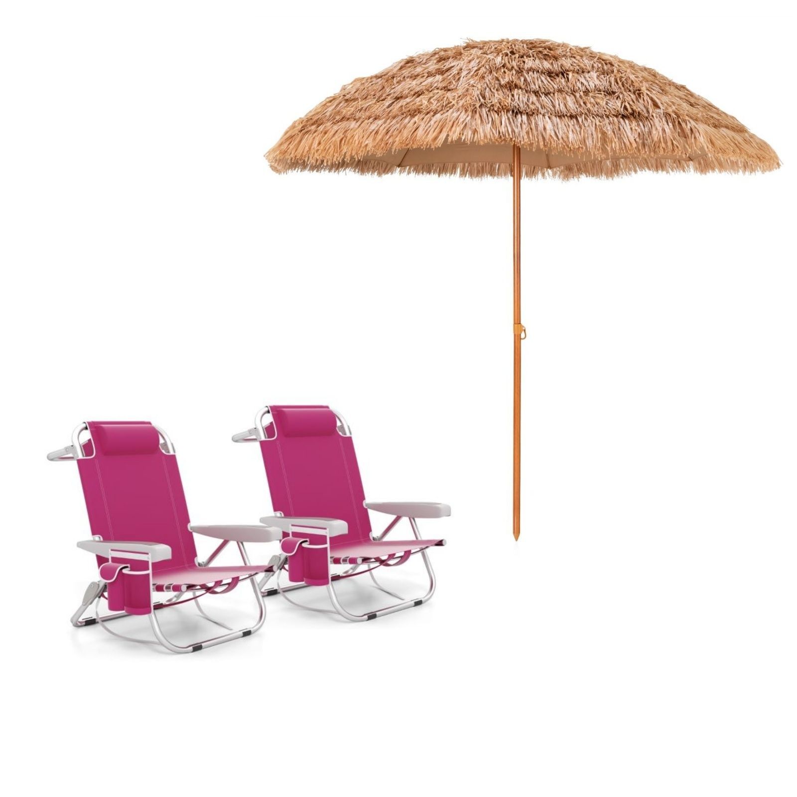 Costway 2 Chaises de Camping Portable avec Dossier Réglable Rose + Parasol de Plage en Chaume PP 7 Couches 243CM de Style Hawaïen