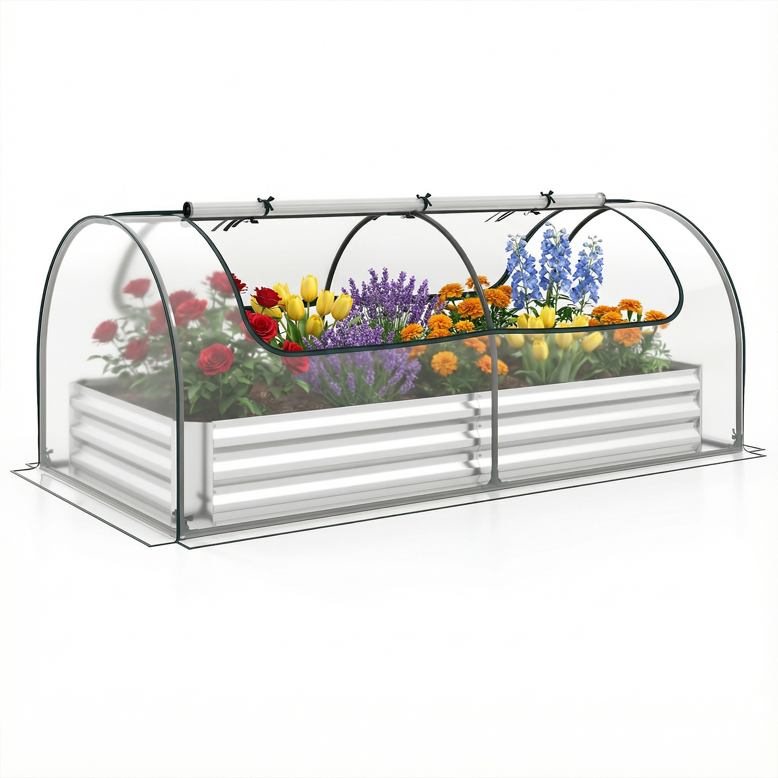 Costway 202 x 101 x 81 cm Jardinière Surélevée Galvanisée avec Serre, Bac de Jardin avec Serre Imperméable et 2 Portes à Enroulement