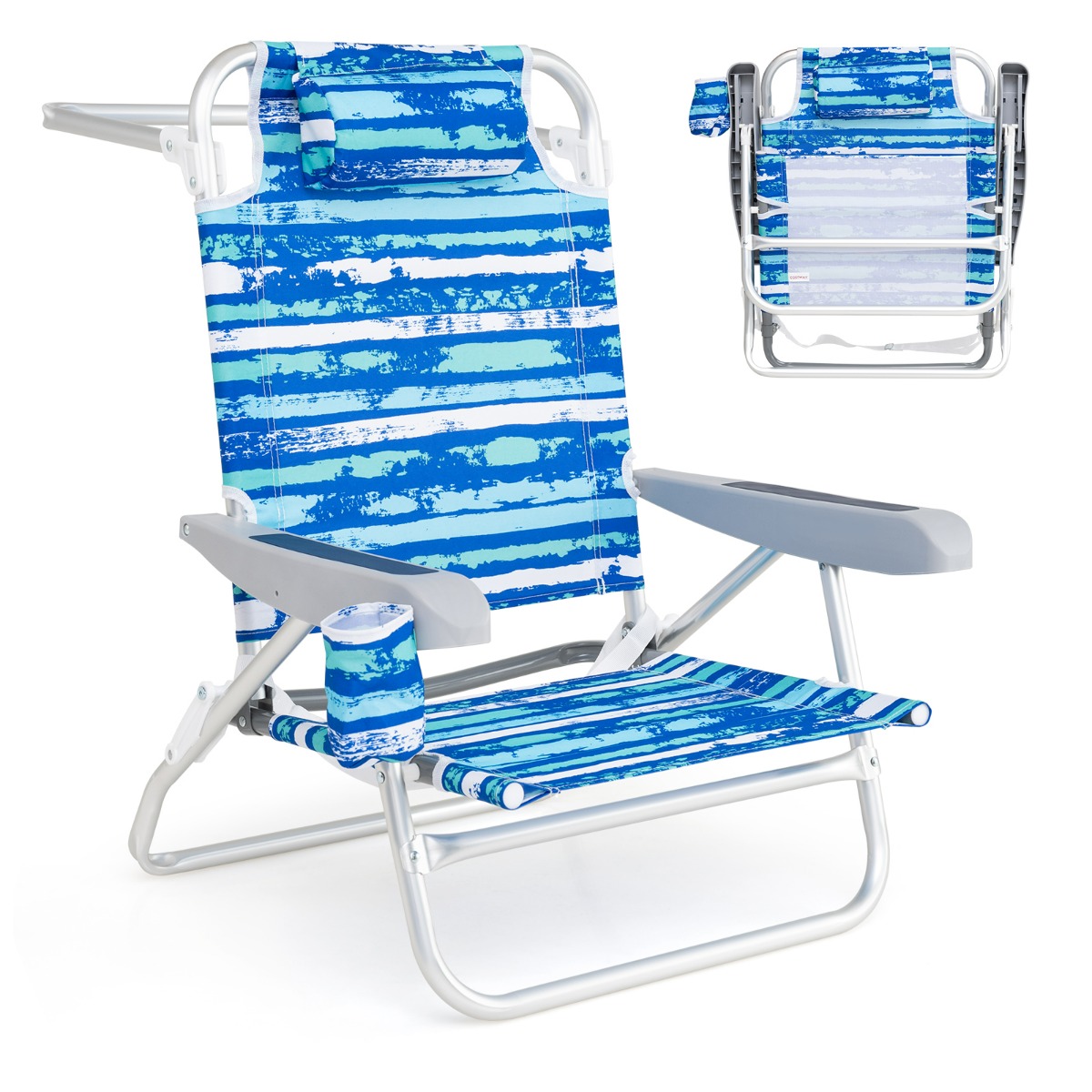 Costway 2 Chaise Longue Pliable Chaise Longue Léger avec 5 Positions Ajustables Oreiller de Tête Barre à Serviette Accoudoirs & Porte-gobelet Bleu