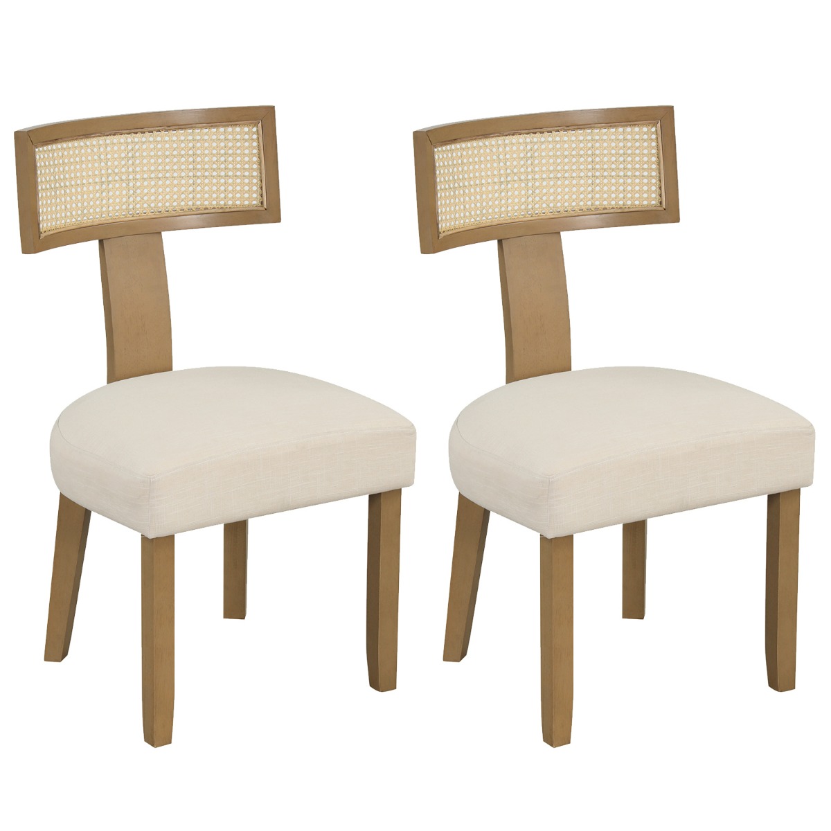 Costway Lot de 2 Chaises Salle à Manger en Bois Chaise avec Dossier Ergonomique en Rotin et Assise Rembourrée en Tissu Lin Charge 180 KG Beige
