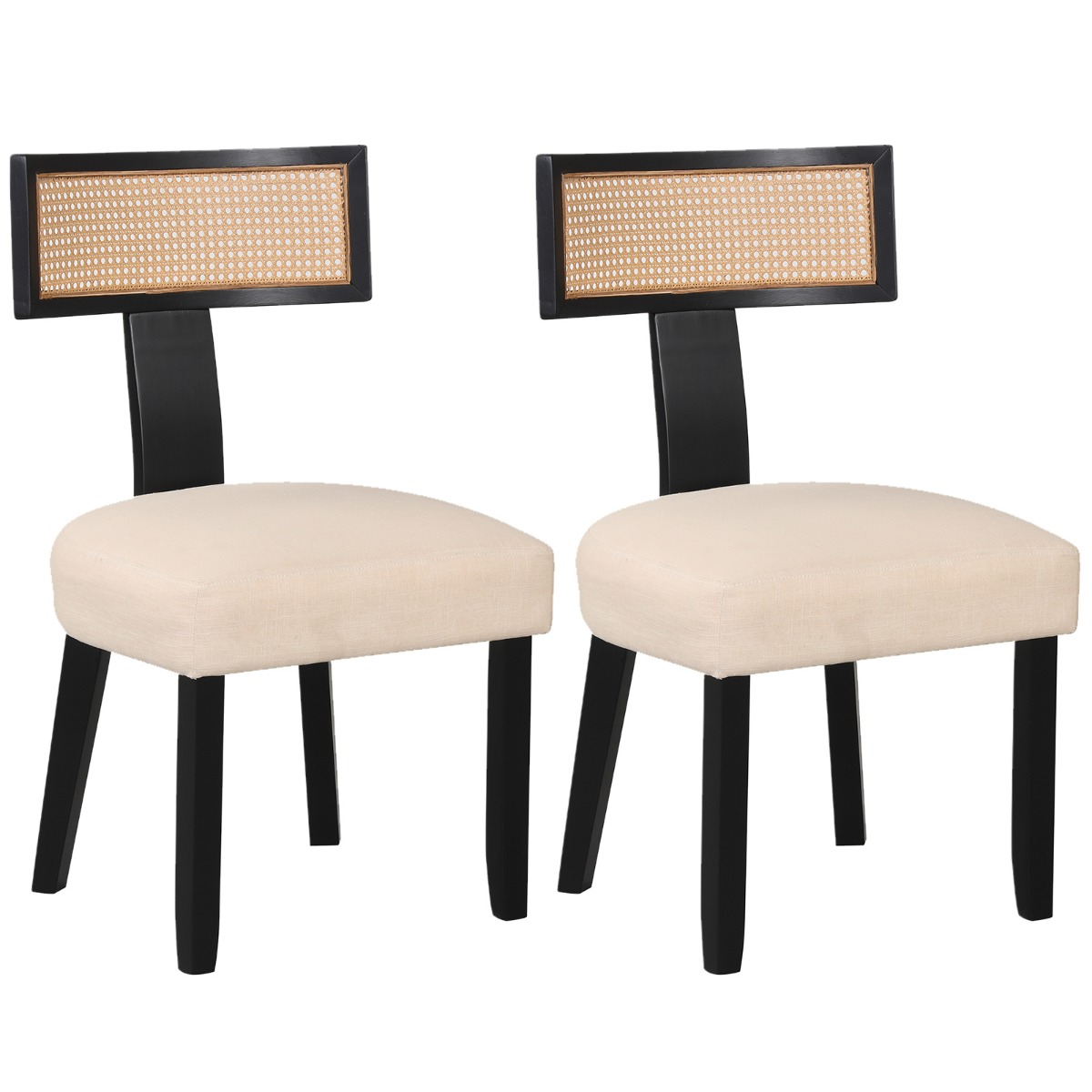 Costway Lot de 2 Chaises Salle à Manger en Bois Chaise avec Dossier Ergonomique en Rotin et Assise Rembourrée en Tissu Lin Charge 180 KG Noir